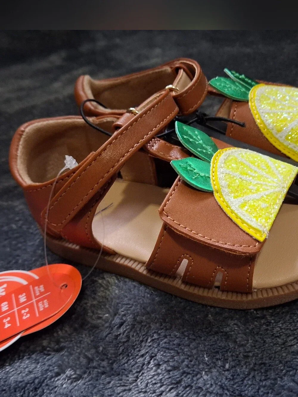 NWT Wonder Nation Lemon Fruit Glitter Strappy Sandals Brown/Yellow Girls Size 6